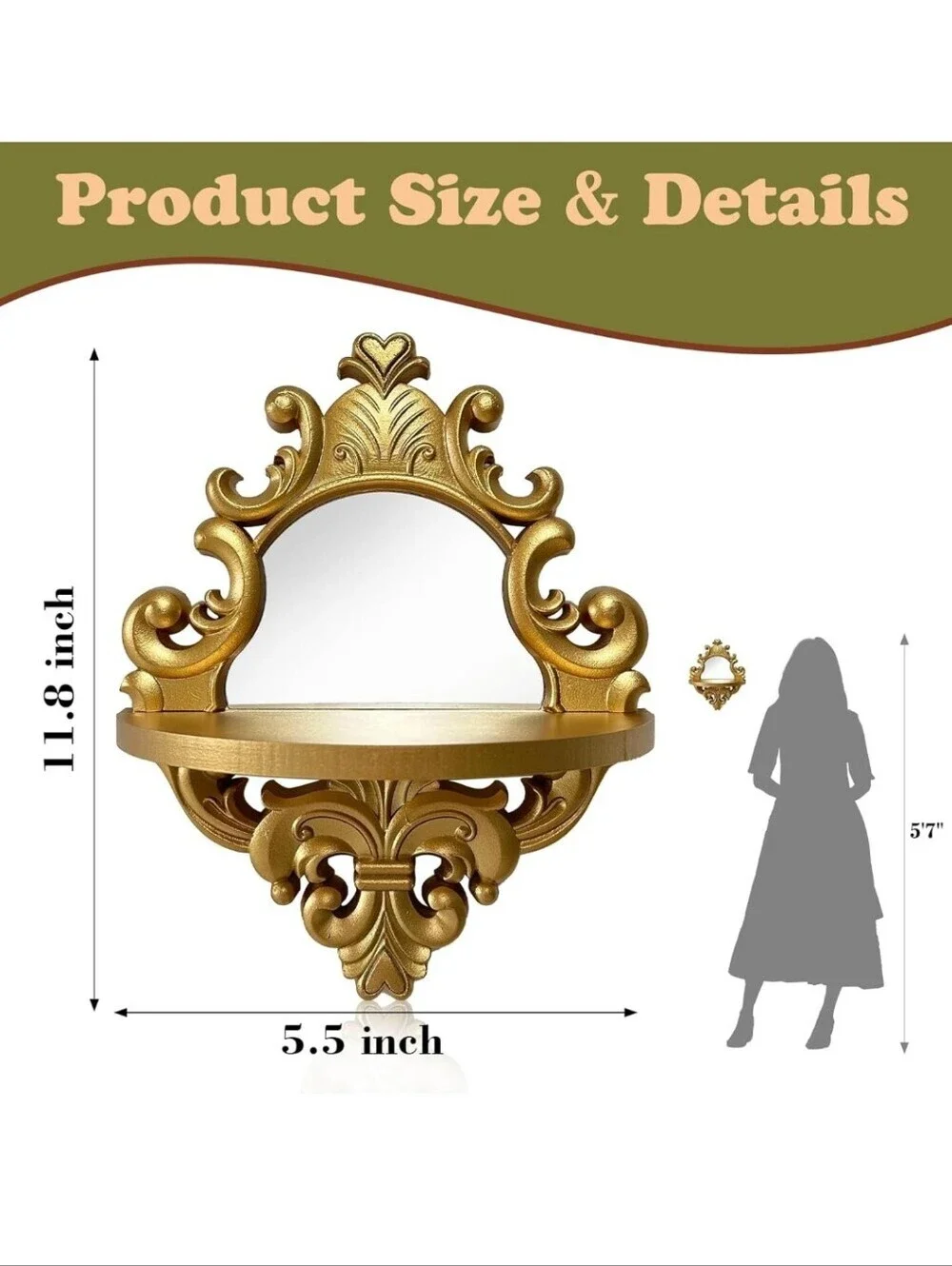 Ornate Gold Wall Mirror Shelf - Decorative Home Accent